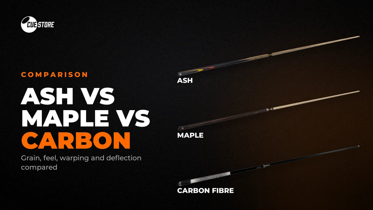 Ash vs carbon fibre cue compared with maple: three whole cues side by side