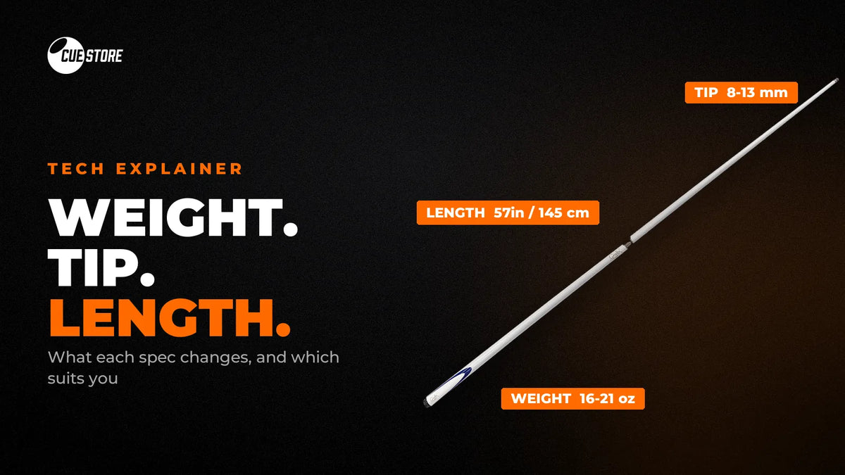 Pool cue weight guide: weight, tip size and length marked on a Grafex Supreme cue