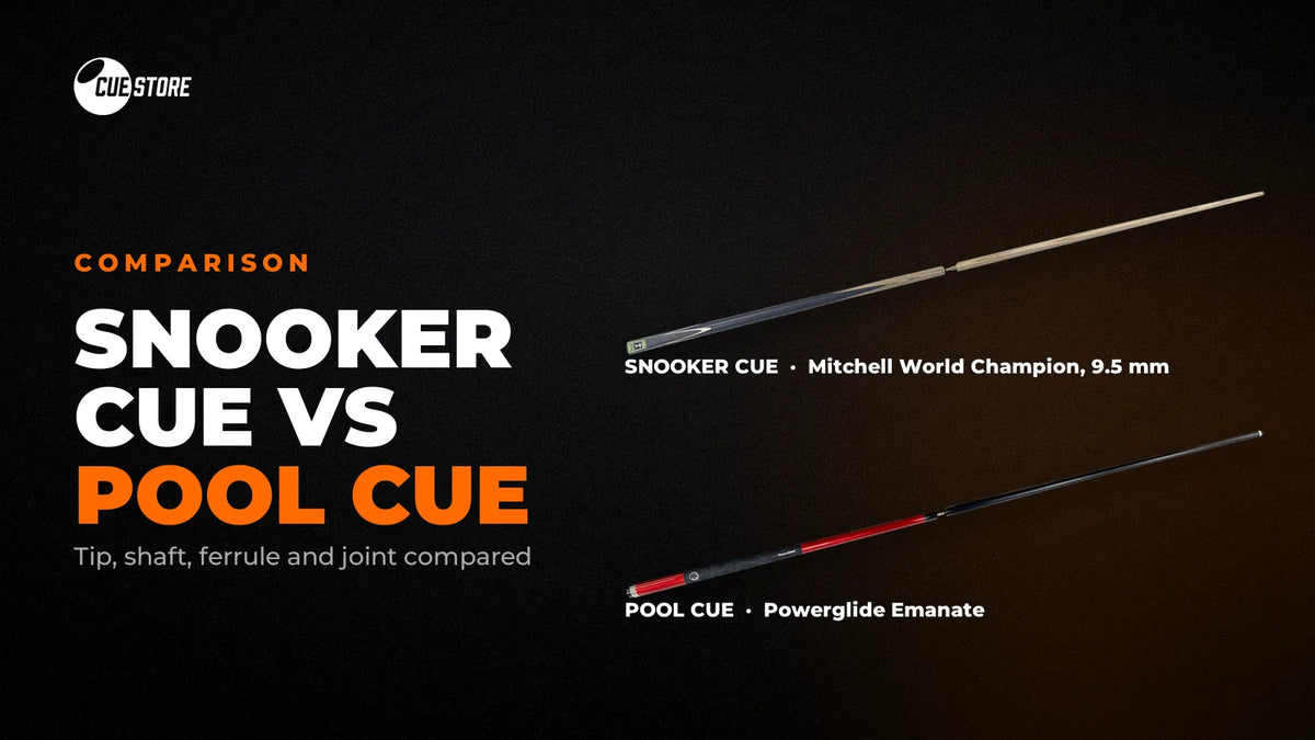 Snooker cue vs pool cue: a Mitchell World Champion snooker cue and a Powerglide Emanate pool cue